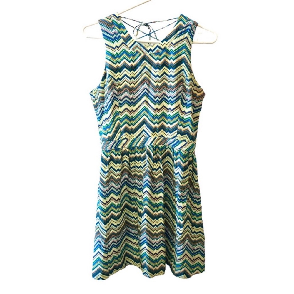 Parker 100% Silk Pixilated Rainbow Chevron Print Lace Up Dress Upcycle Large